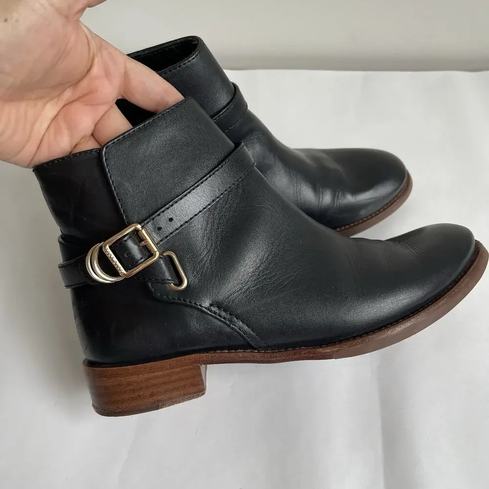 Tory Burch Black‎ Leather Harness Buckle Ankle Boots Size 8M Comfy Booties 5214